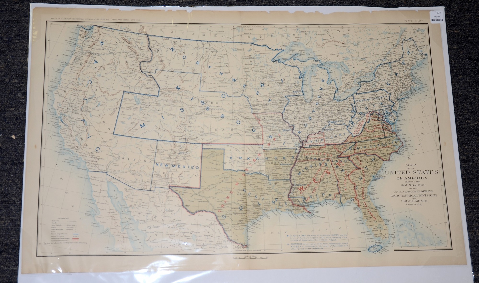 APRIL 9, 1865 ATLAS MAP OF THE UNITED STATES WITH UNION AND CONFEDERATE 