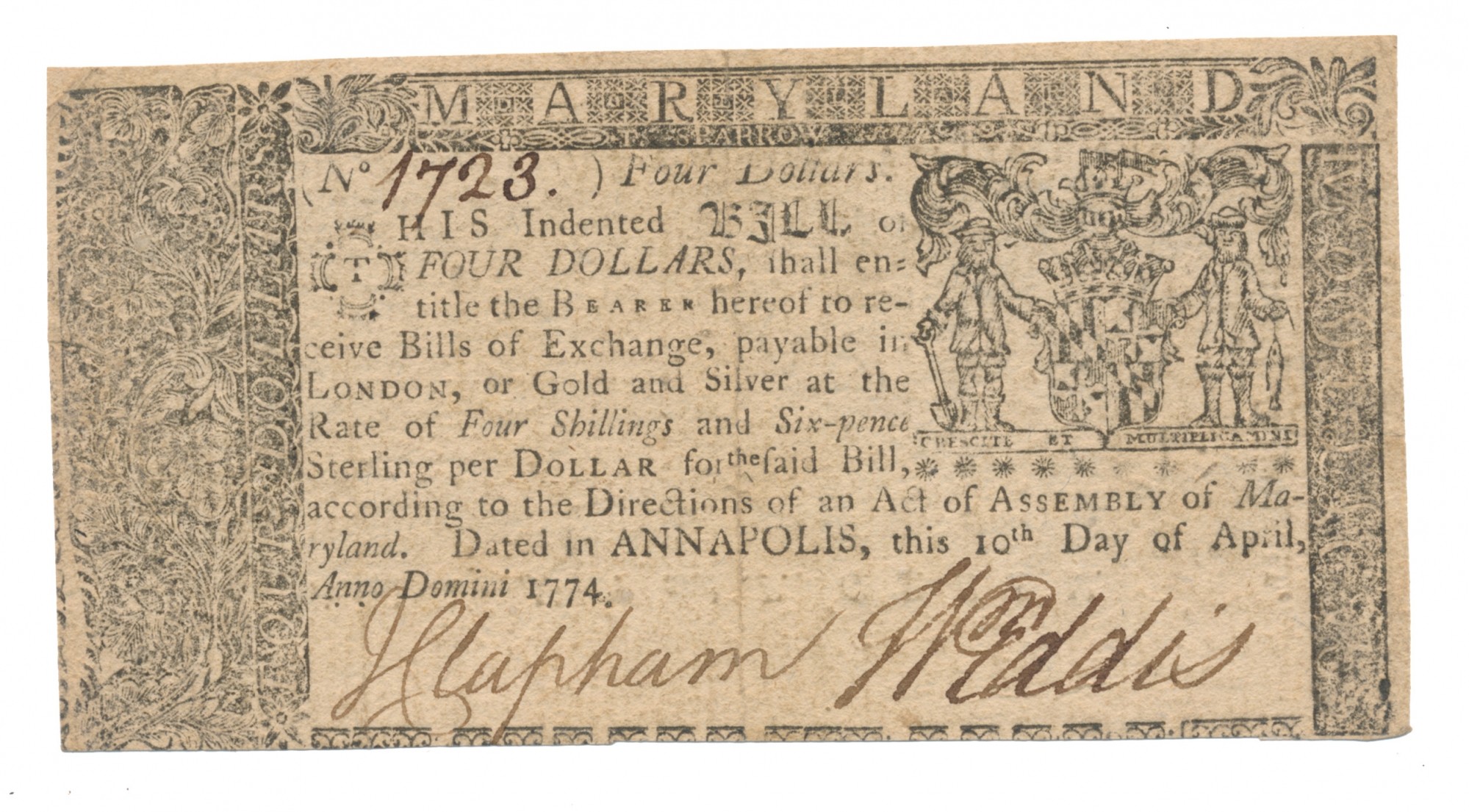 COLONIAL MARYLAND FOUR DOLLAR NOTE 1774 — Horse Soldier