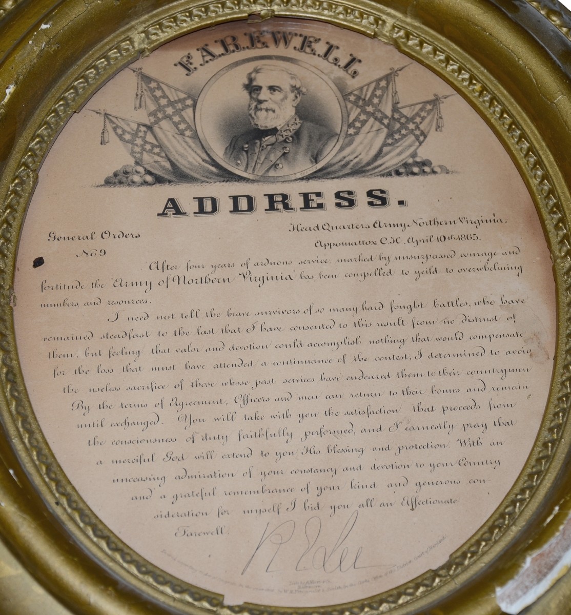 FRAMED FAREWELL ADDRESS OF GENERAL ROBERT E. LEE 1866 — Horse Soldier