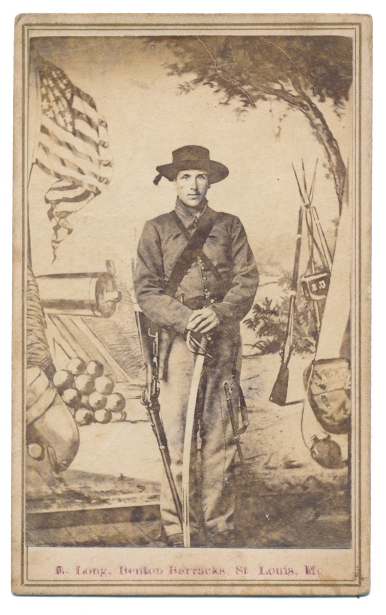 A FULLYARMED CAVALRYMAN WITH SHARPS CARBINE AT BENTON BARRACKS WITH