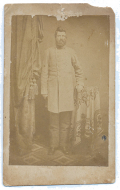 FULL STANDING VIEW OF 3RD SOUTH CAROLINA BATTALION OFFICER WHO WAS WOUNDED AT GETTYSBURG AND LATER DIED OF WOUNDS RECEIVED AT SPOTSYLVANIA