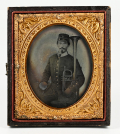 SIXTH-PLATE AMBROTYPE OF MILITARY BANDSMAN WITH OVER-THE-SHOULDER HORN