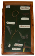 ATTRACTIVE WOOD CASE WITH RELICS FROM COLD HARBOR, SPOTSYLVANIA, AND WILDERNESS