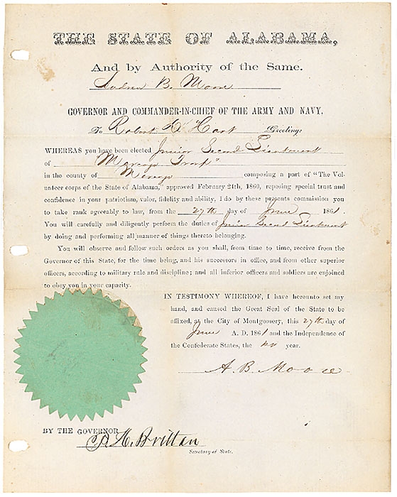 STATE OF ALABAMA EARLY WAR COMMISSION SIGNED BY GEN. A.B. MOORE