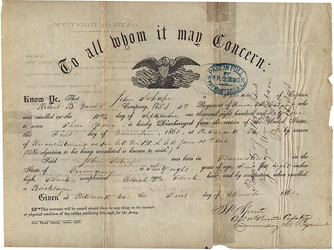 DISCHARGE FOR PVT. JOHN SCHAFER, CO. 