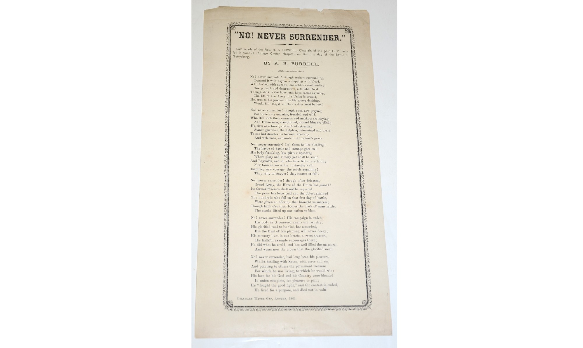 1863 HANDBILL DEDICATED TO CHAPLAIN HOWELL OF THE 90TH PENNSYLVANIA, KILLED AT GETTYSBURG