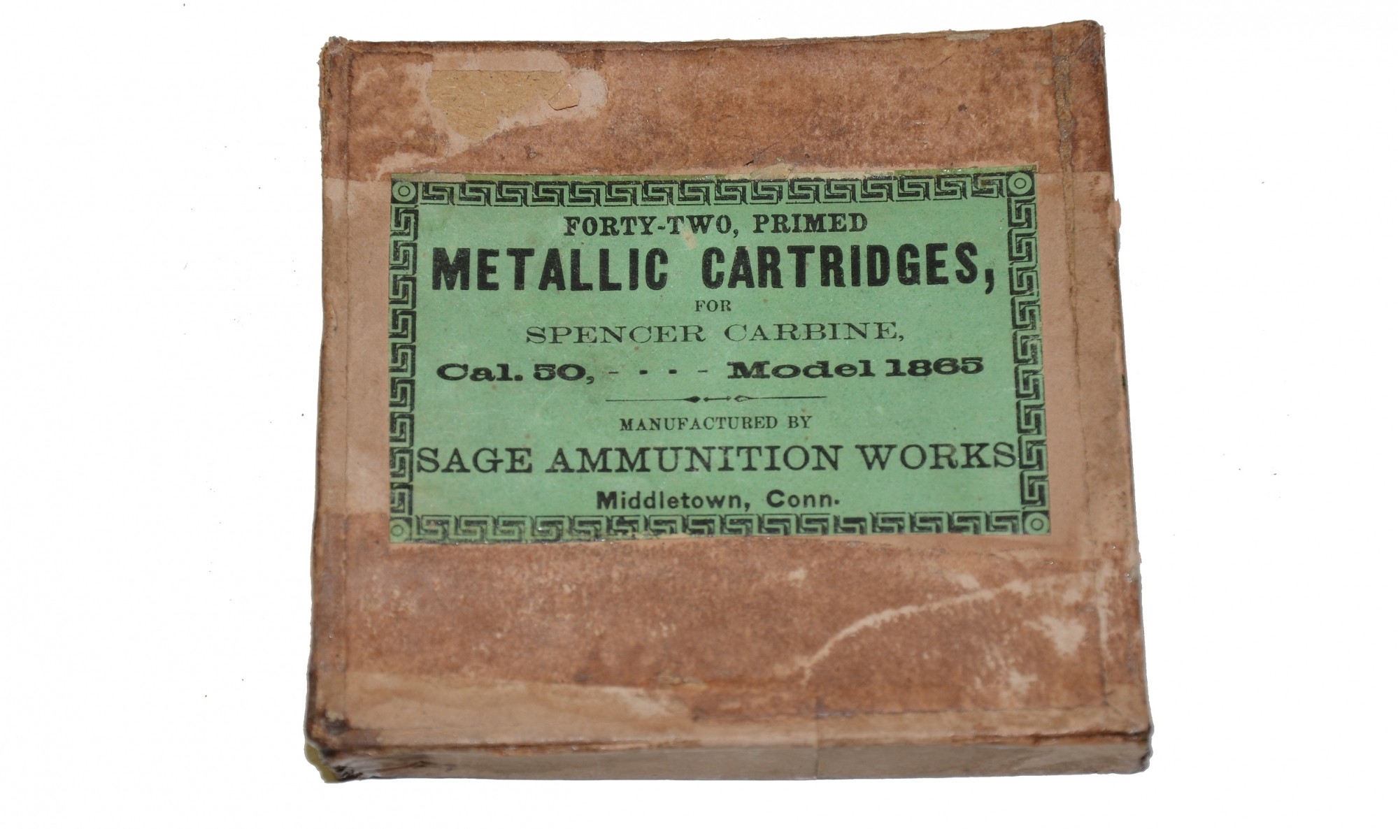 ORIGINAL PACK OF SEVEN 56.50 SPENCER METALLIC RIMFIRE CARTRIDGES BY D. C. SAGE, IN A PARTIAL ORIGINAL BOX