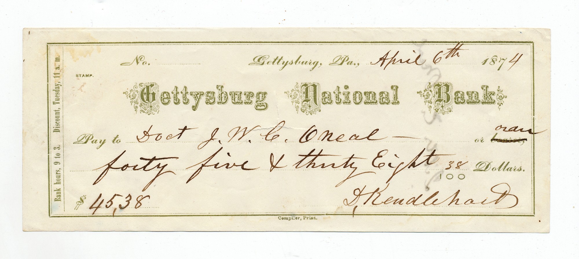 CHECK FROM GETTYSBURG RESIDENT DAVID KENDLEHEART TO DR. J. WILLIAM O’NEAL