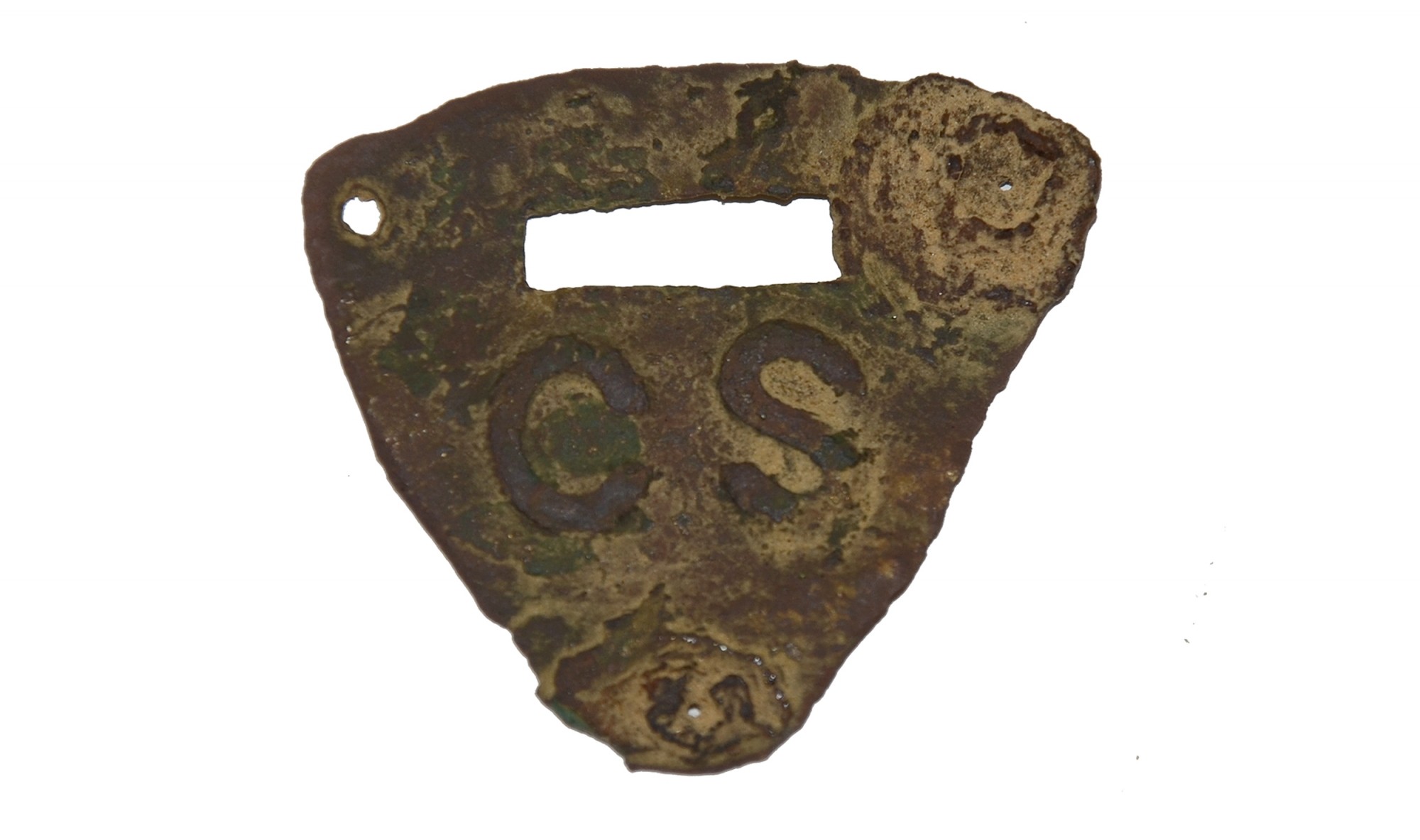 CIVIL WAR CS-MARKED, BRASS SADDLE SHIELD IN VERY GOOD EXCAVATED CONDITION 