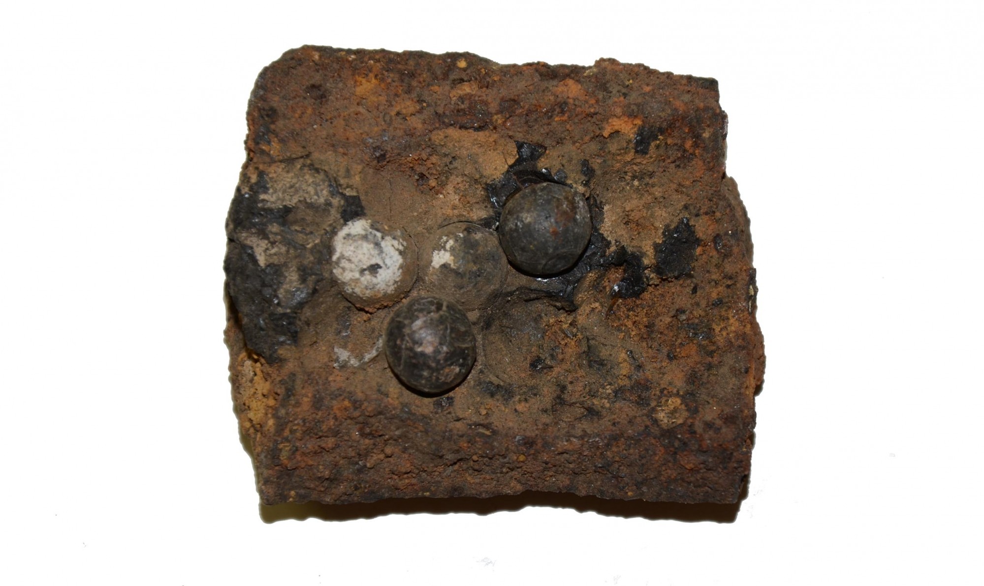 CS 3” ARTILLERY SHELL FRAGMENT WITH LEAD CASE SHOT BALLS ATTACHED, FOUND ON THE CODORI FARM, GETTYSBURG  - GEISELMAN COLLECTION