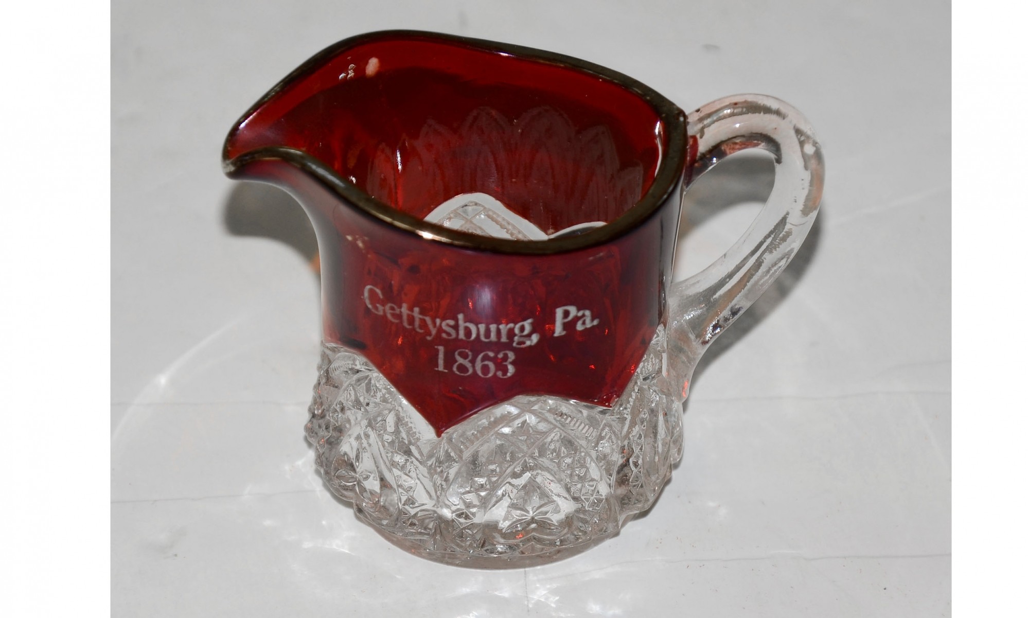 GETTYSBURG RUBY GLASS SOUVENIR PITCHER/CREAMER — Horse Soldier