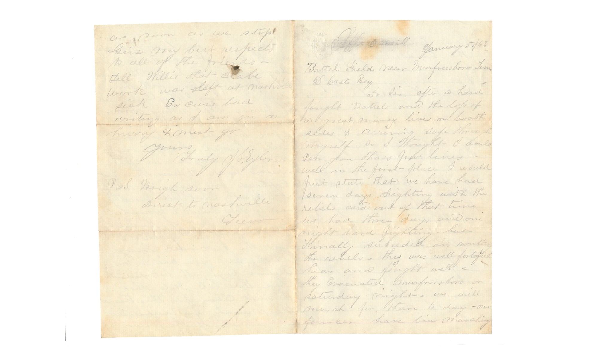 BATTLE OF STONES RIVER SOLDIER LETTER - SERGEANT JOHN S. EYLER., CO. A, 99TH OHIO INFANTRY