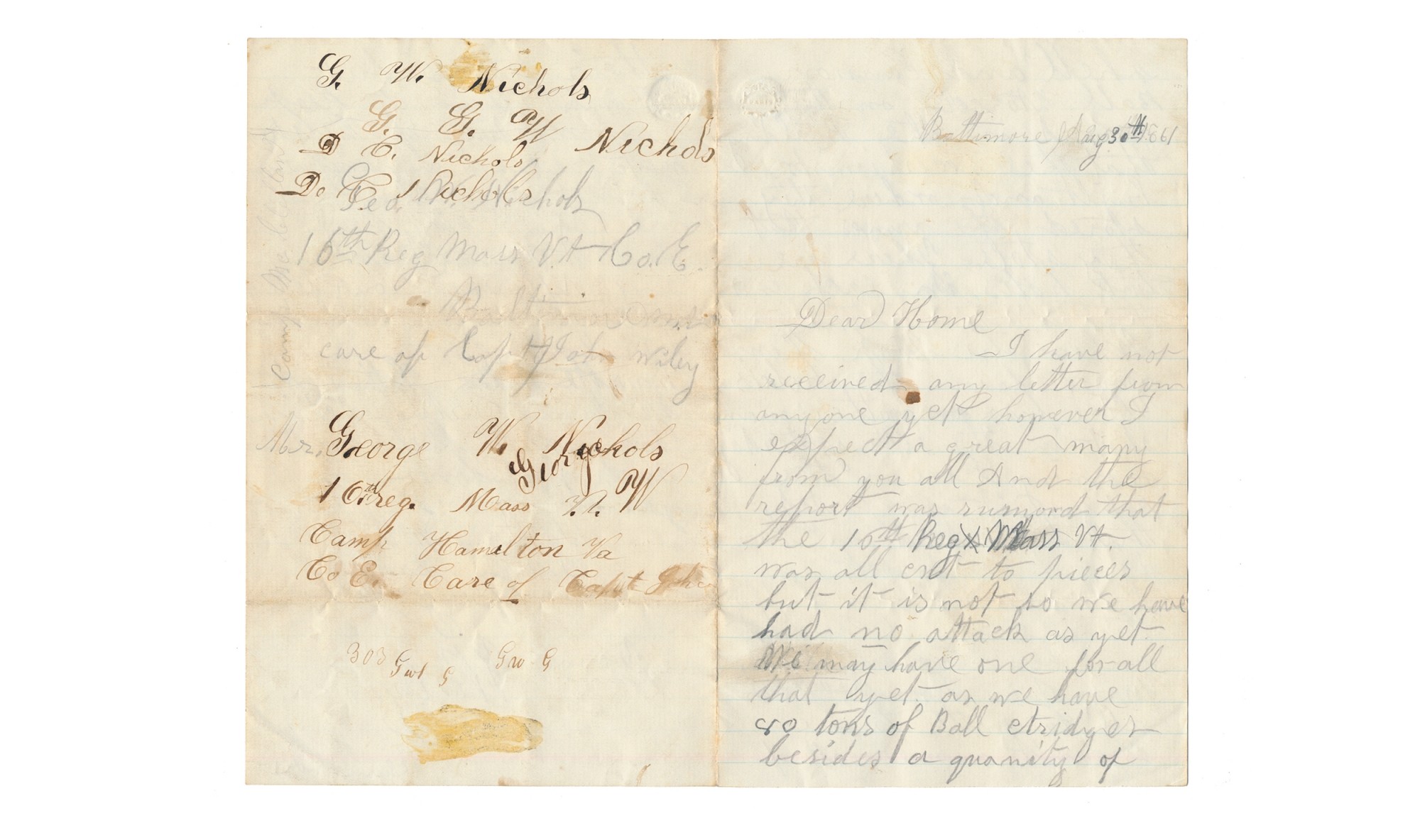 SOLDIER LETTER - PVT. GEORGE WESLEY NICHOLS, CO. E, 16TH MASSACHUSETTS INFANTRY