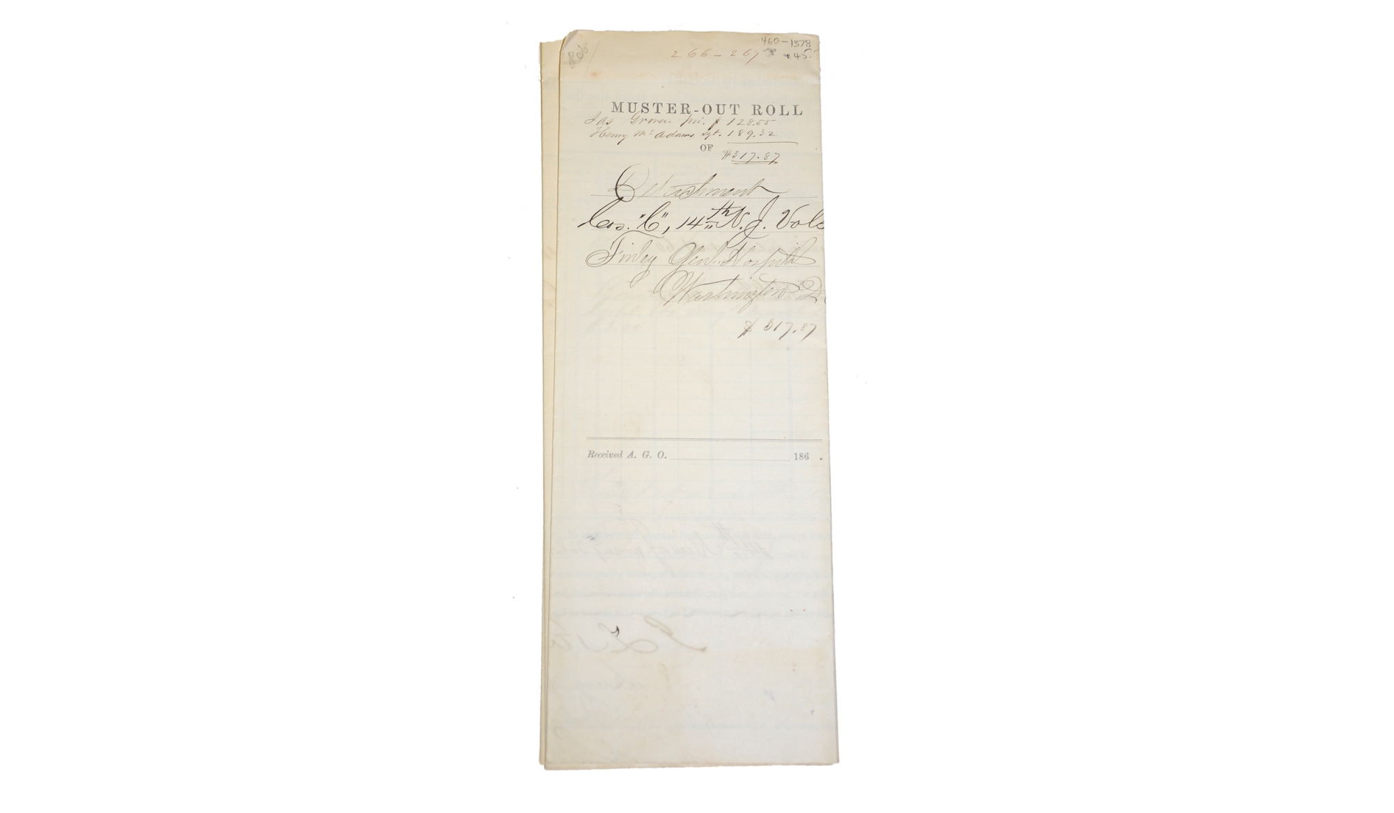 14TH NEW JERSEY PAY VOUCHER SGT. HENRY MCADAMS & PVT. JAMES GLOVER