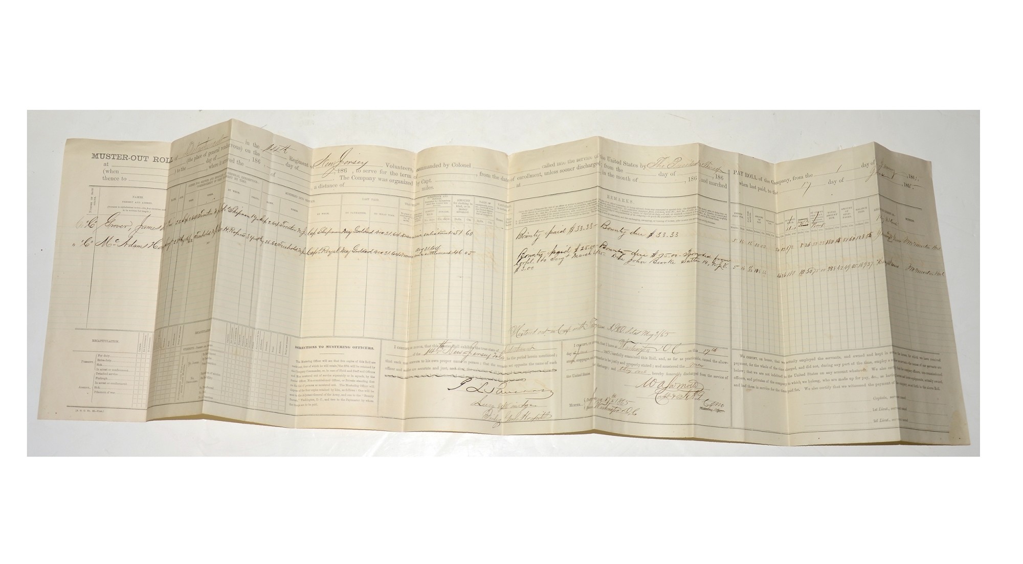 14TH NEW JERSEY PAY VOUCHER SGT. HENRY MCADAMS & PVT. JAMES GLOVER