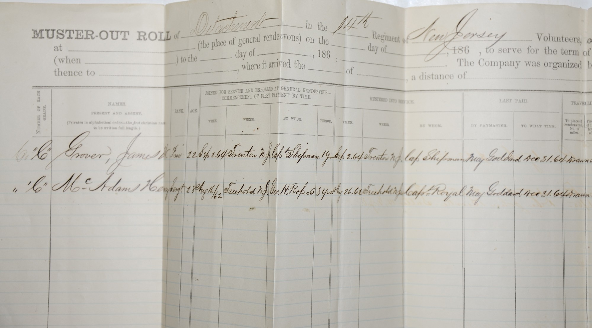 14TH NEW JERSEY PAY VOUCHER SGT. HENRY MCADAMS & PVT. JAMES GLOVER