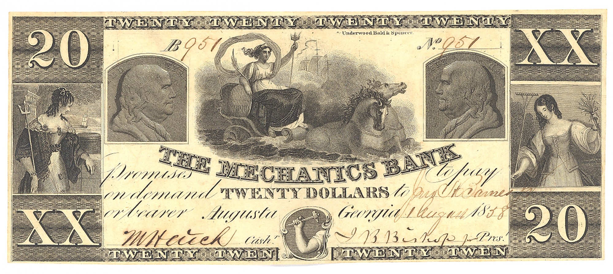 MECHANICS BANK, AUGUSTA, 20 NOTE — Horse Soldier