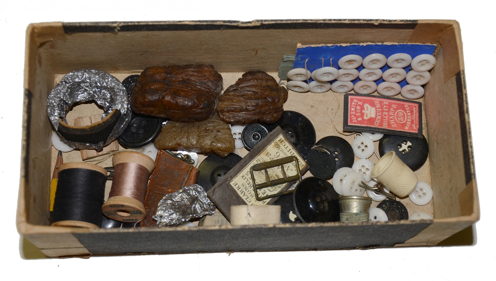 BOX OF NAVAL SEWING ITEMS BELONGING TO F.J. DRAKE, U.S.S. CONSITUTION