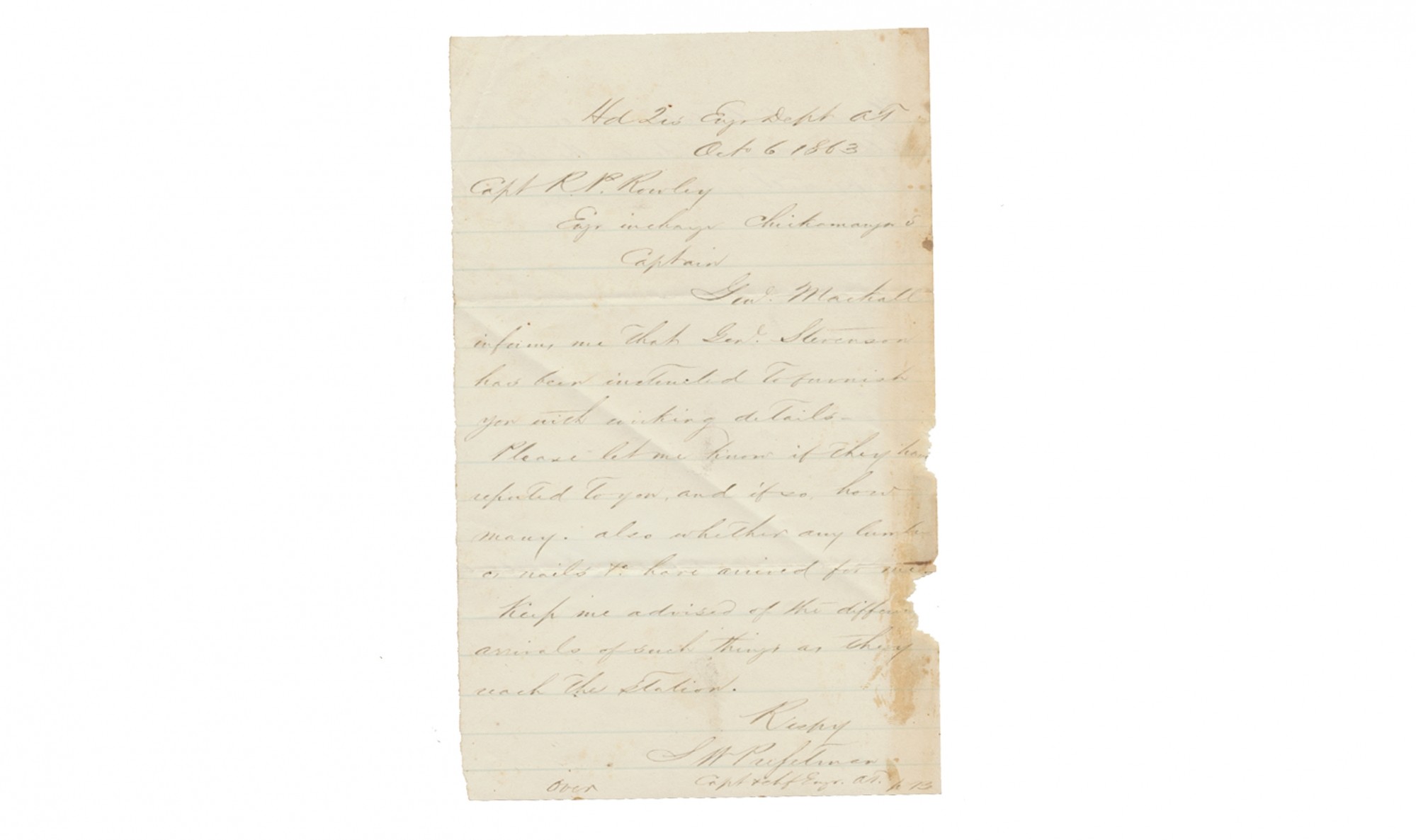 1863 CONFEDERATE CORPS OF ARMY ENGINEERS LETTER – CAPT. STEPHEN W. PRESSTMAN