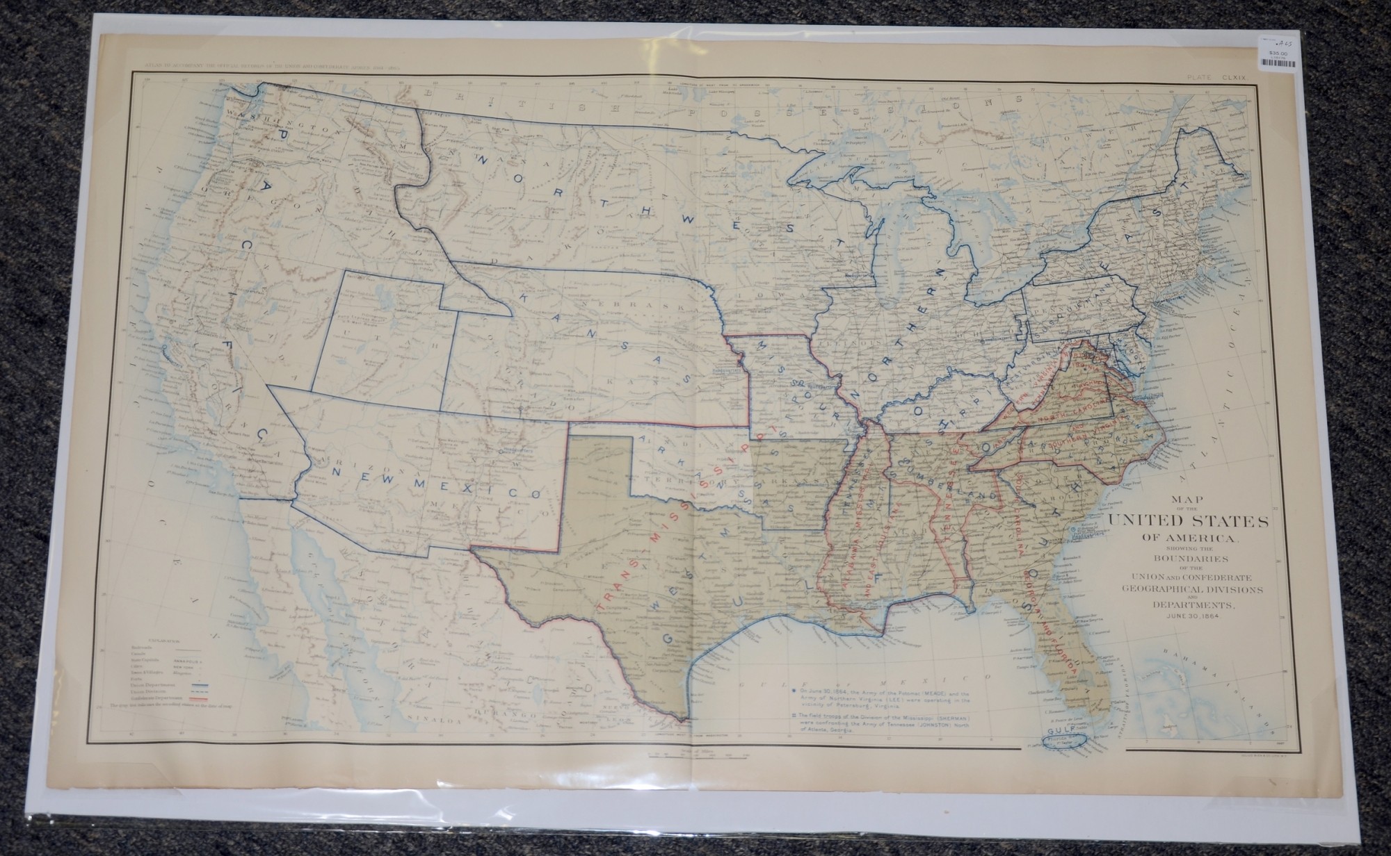 MAP OF THE UNITED STATES OF AMERICA, SHOWING THE BOUNDARIES OF THE UNION AND CONFEDERATE GEOGRAPHICAL DIVISIONS AND DEPARTMENTS, JUNE 30, 1864