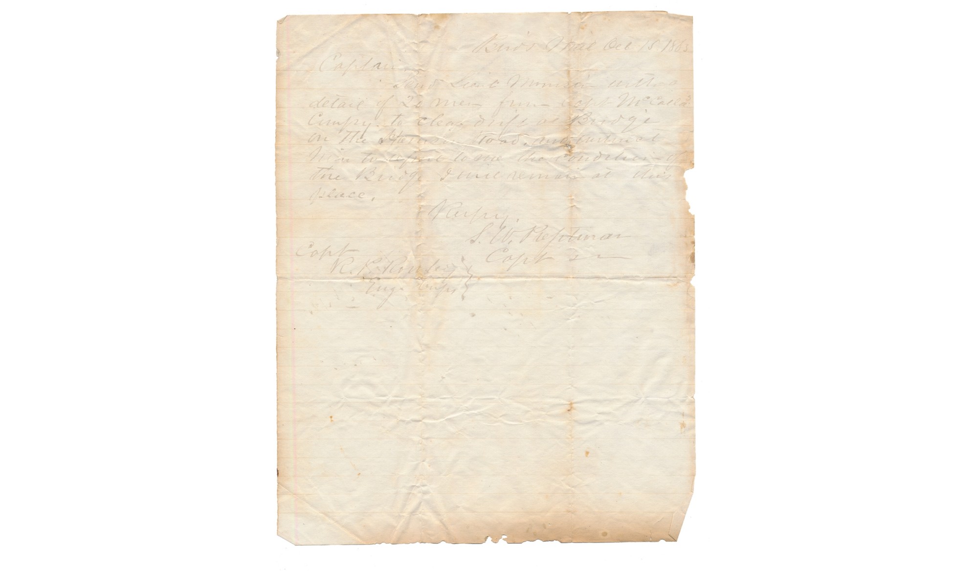 STAFF OFFICER LETTER - CONFEDERATE CORPS OF ENGINEERS—CAPT. R. P. ROWLEY