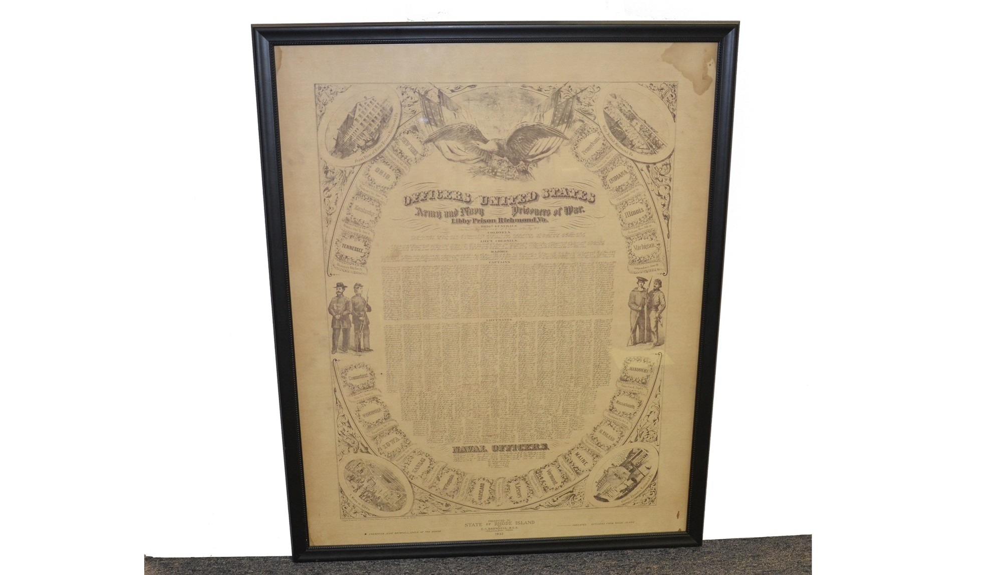 LIBBY PRISON BROADSIDE, “OFFICERS OF THE UNITED STATES ARMY AND NAVY / PRISONERS OF WAR / LIBBY PRISON, RICHMOND VIRGINIA.” (INCLUDING A MAINE COLONEL TAKEN PRISONER AT GETTYSBURG, WHO ESCAPED FROM THE PRISON)