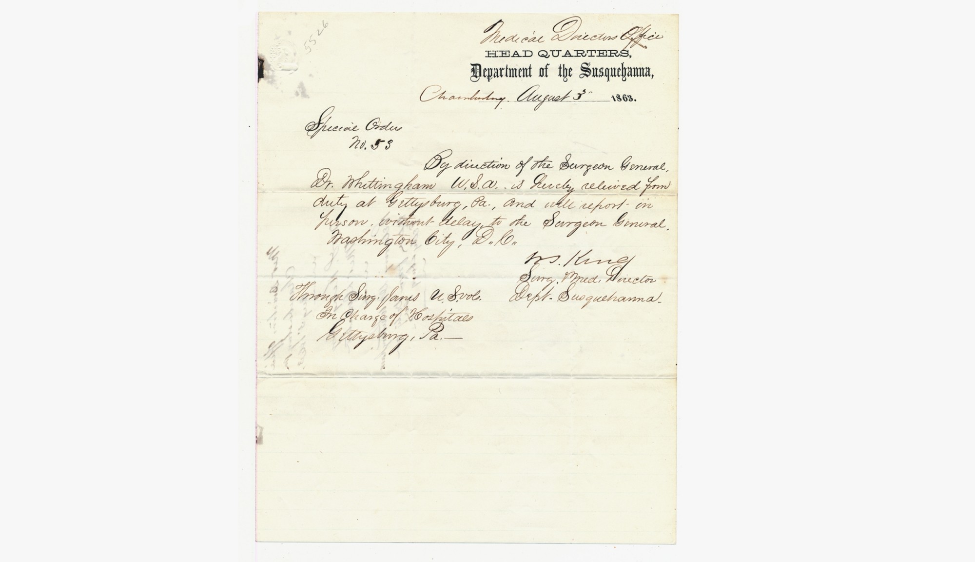 GETTYSBURG MEDICAL DOCUMENT - U.S. SURGEON TRANSFER