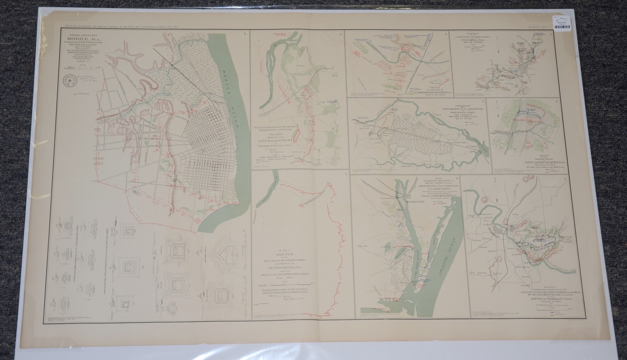 OFFICIAL RECORDS MAP OF REBEL DEFENSE IN MOBILE ALABAMA 1865 AND OTHER VARIOUS 1864 OPERATIONS IN TENNESSEE, NORTH CAROLINA, VIRGINIA