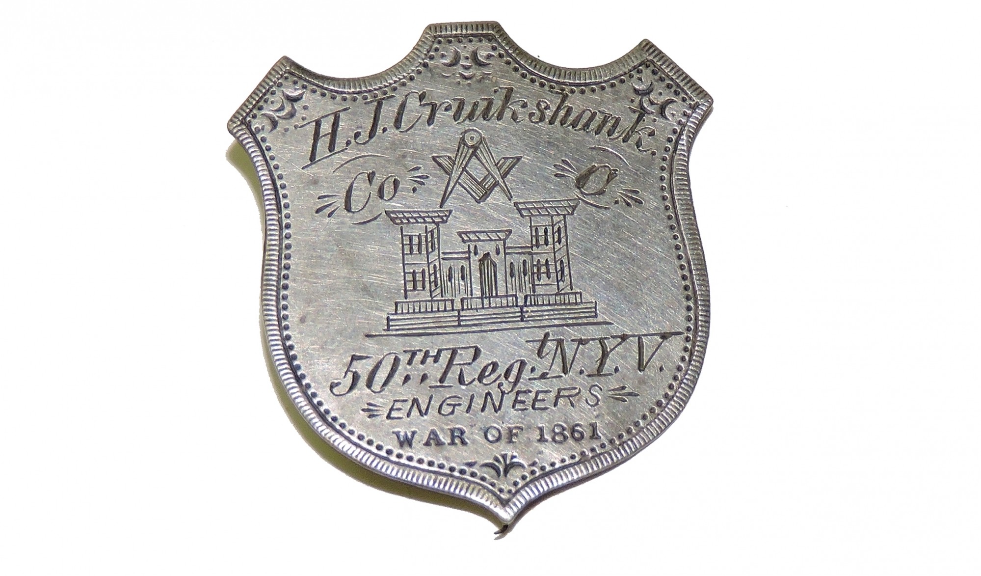 CIVIL WAR ID SHIELD - H. J. CRUIKSHANK, 50TH NEW YORK ENGINEERS