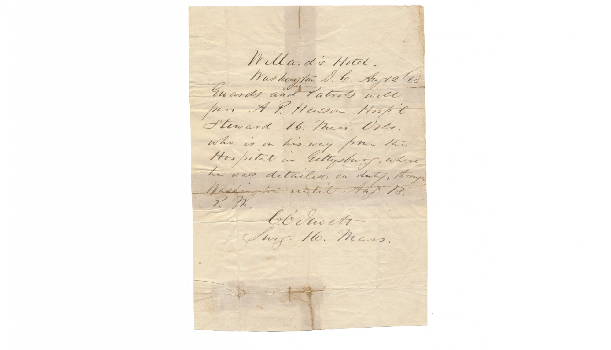 GETTYSBURG PASS THROUGH THE LINES - SURGEON CHARLES C. JEWETT, SURGEON / PRIVATE ARCHIBALD P. HENSON, 16TH MASSACHUSETTS INFANTRY