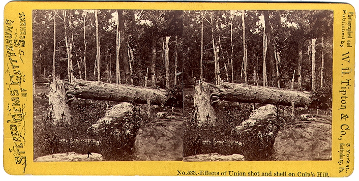TIPTON STEREO VIEW #533 - ARTILLERY DAMAGE ON CULP'S HILL, GETTYSBURG