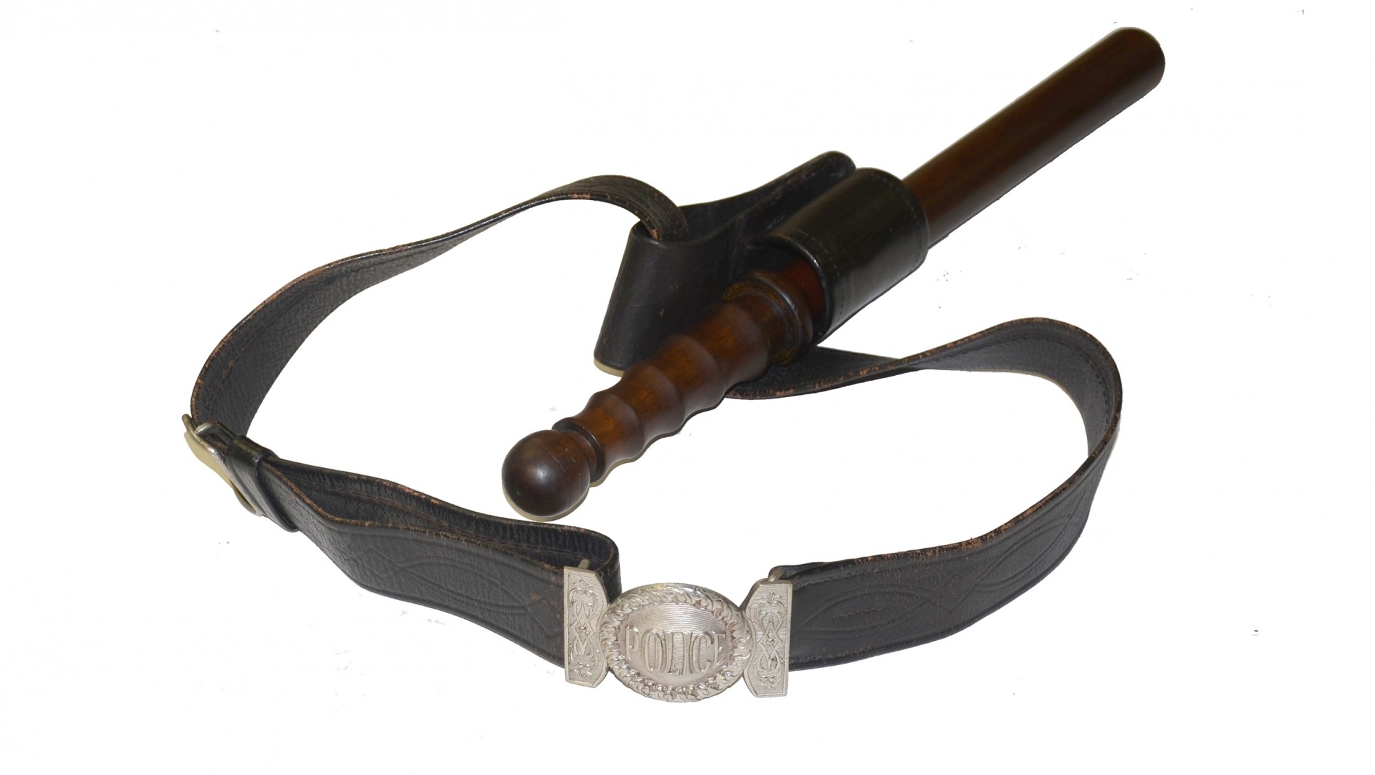19TH CENTURY POLICE BELT W/ PLATE & CUDGEL