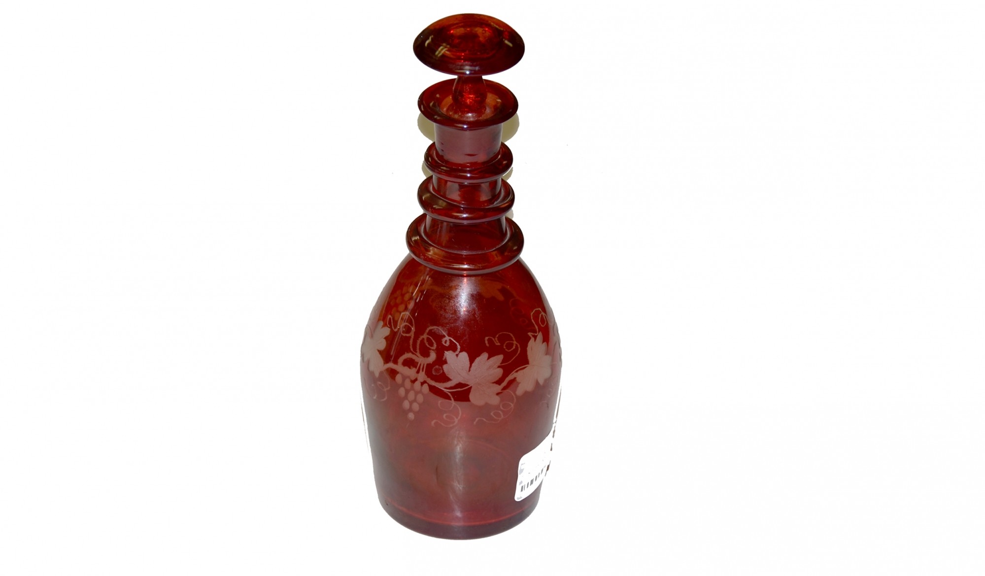 RUBY GLASS DECANTER AND PAIR OF GLASSES WITH ETCHED GRAPE LEAF DESIGN