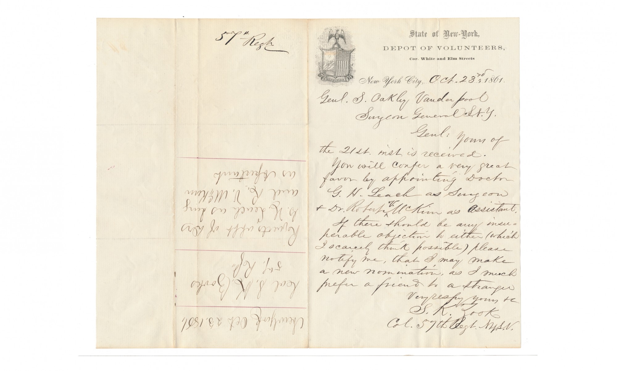 AUTOGRAPH LETTER SIGNED - S.K. ZOOK, COLONEL 57TH REGIMENT NEW YORK STATE VOLUNTEERS