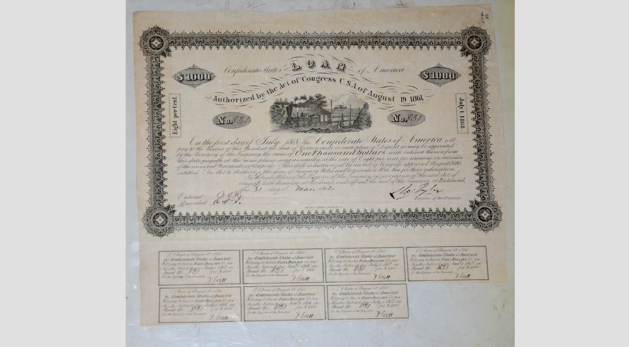 $1000 CONFEDERATE LOAN CERTIFICATE, DATED MARCH 31, 1862