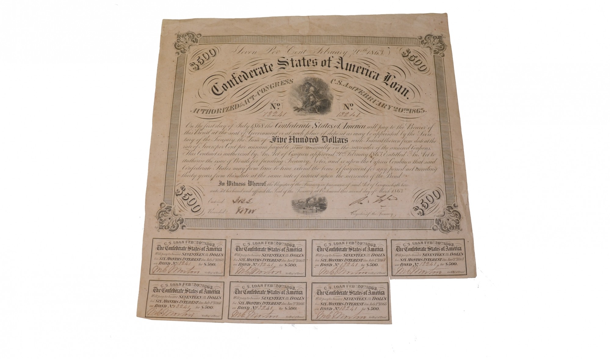 $500 CONFEDERATE BOND ISSUED IN 1863