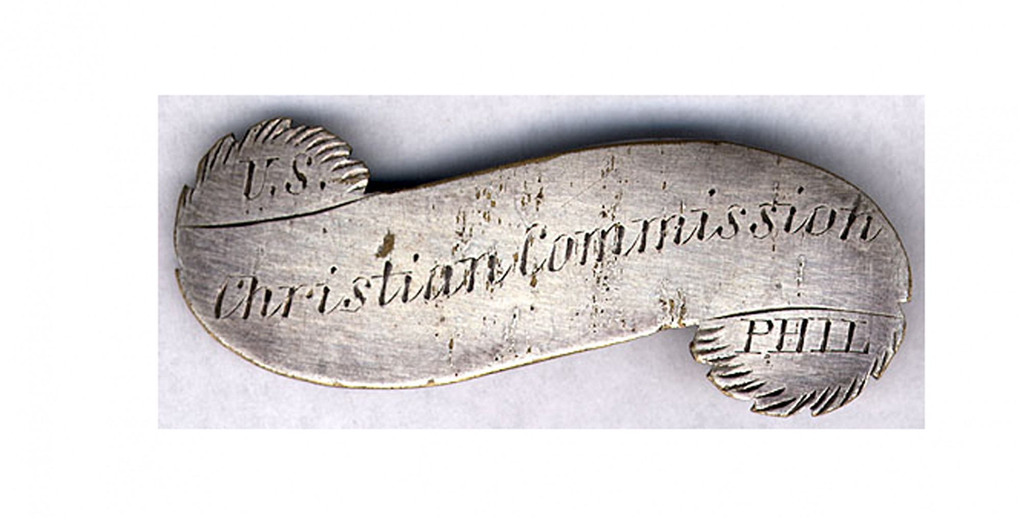 U.S. CHRISTIAN COMMISSION PIN ID'D AND INSCRIBED TO 