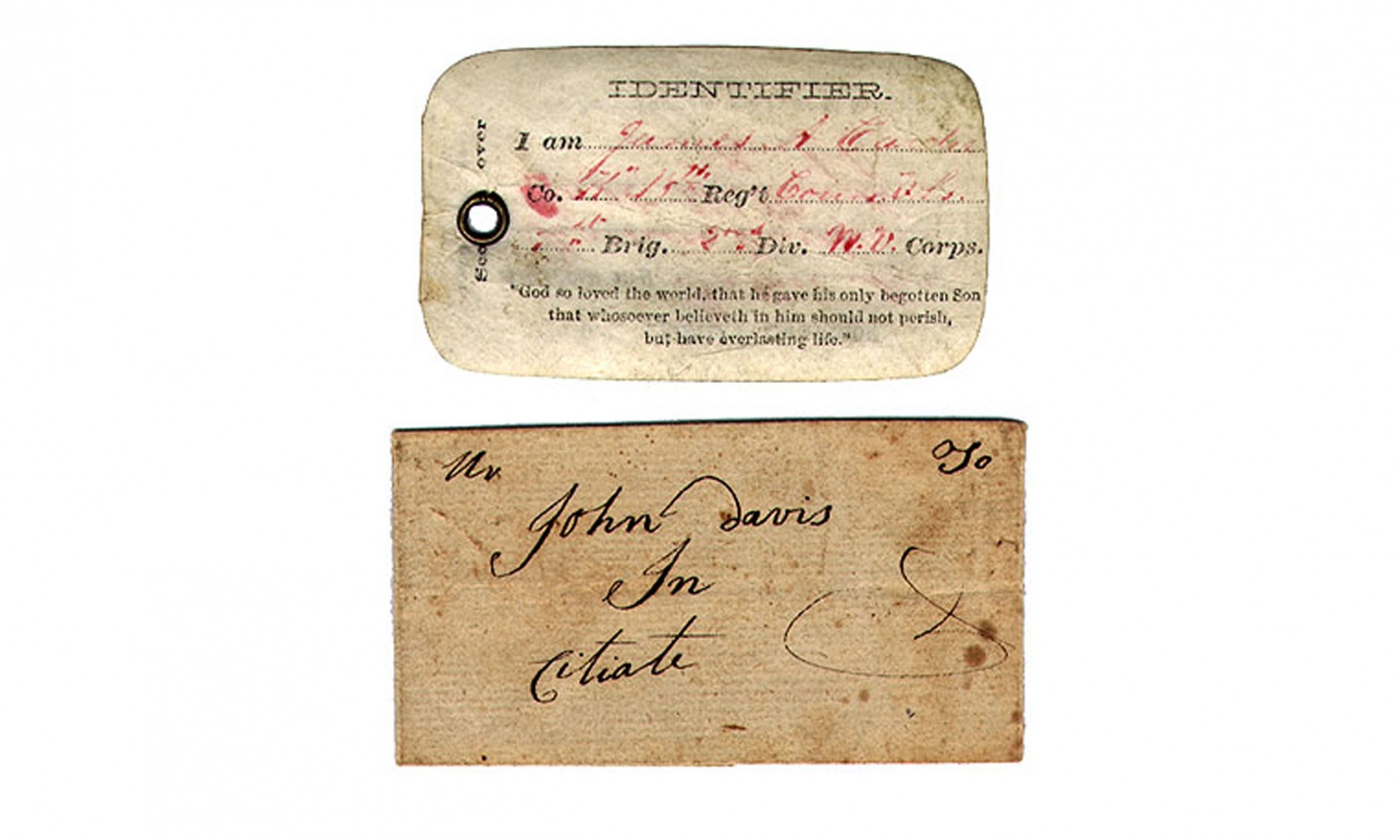 U.S. CHRISTIAN COMMISSION NAME TAG FOR PVT. JAMES A. CARDER, 18TH CONNECTICUT INFANTRY