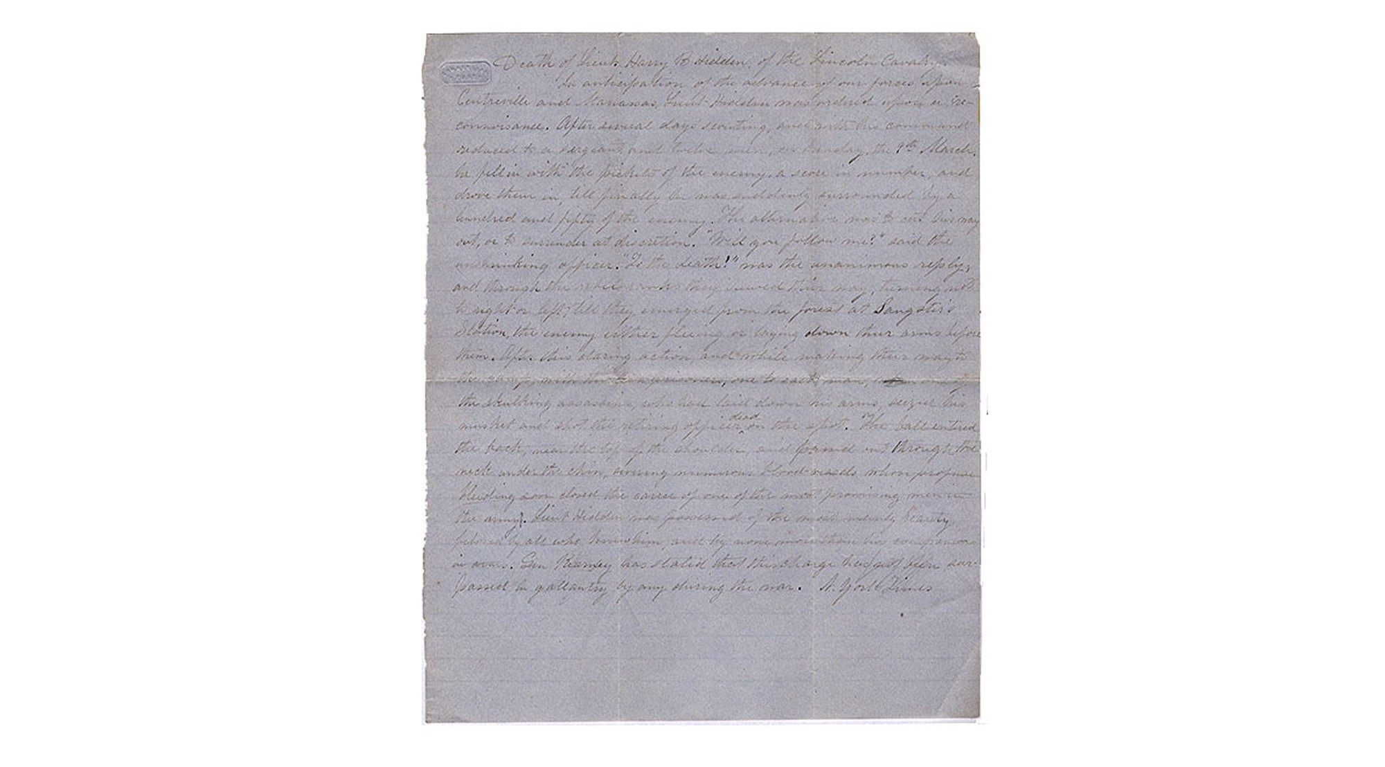 HANDWRITTEN COPY OF NEW YORK TIMES ARTICLE - DEATH OF 1ST LT. HENRY B. HIDDEN, 1ST NEW YORK CAVALRY 