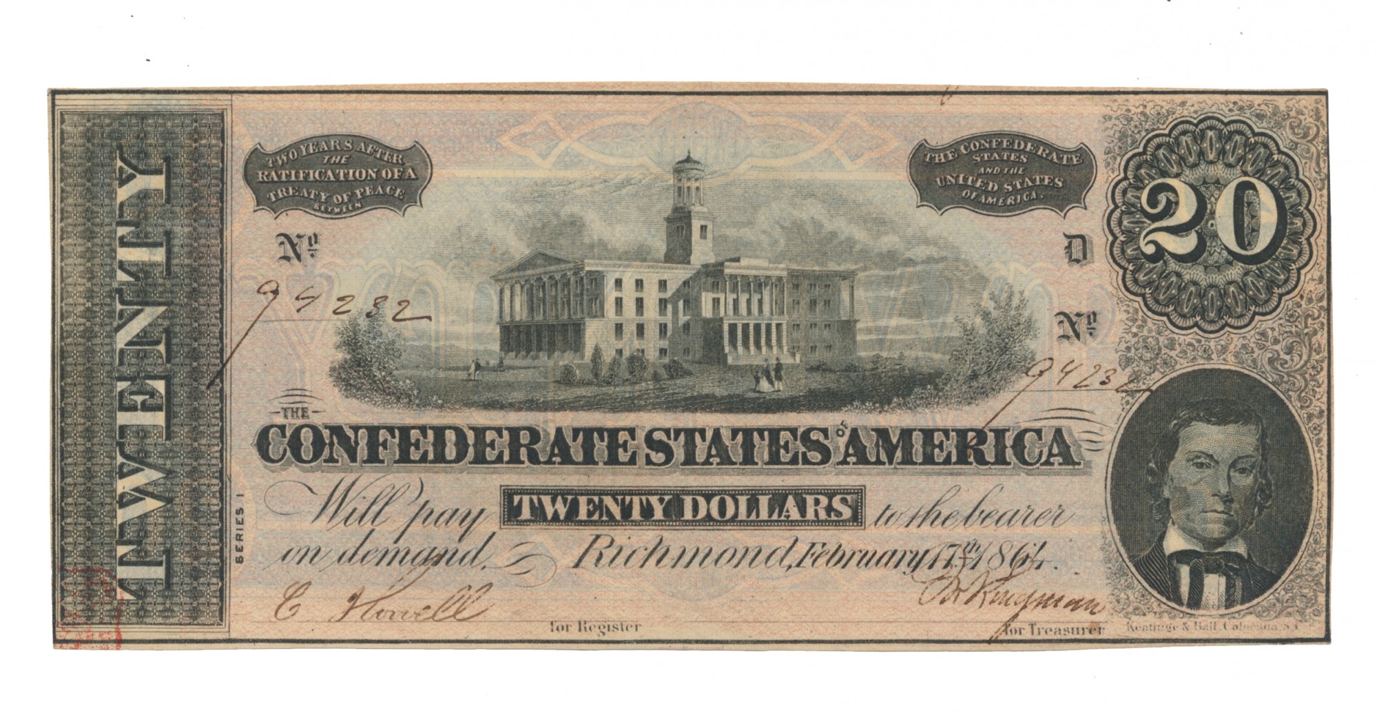 1864 CSA T-67 $20 NOTE FEATURING TENNESSEE STATE CAPITOL & ALEXANDER STEPHENS