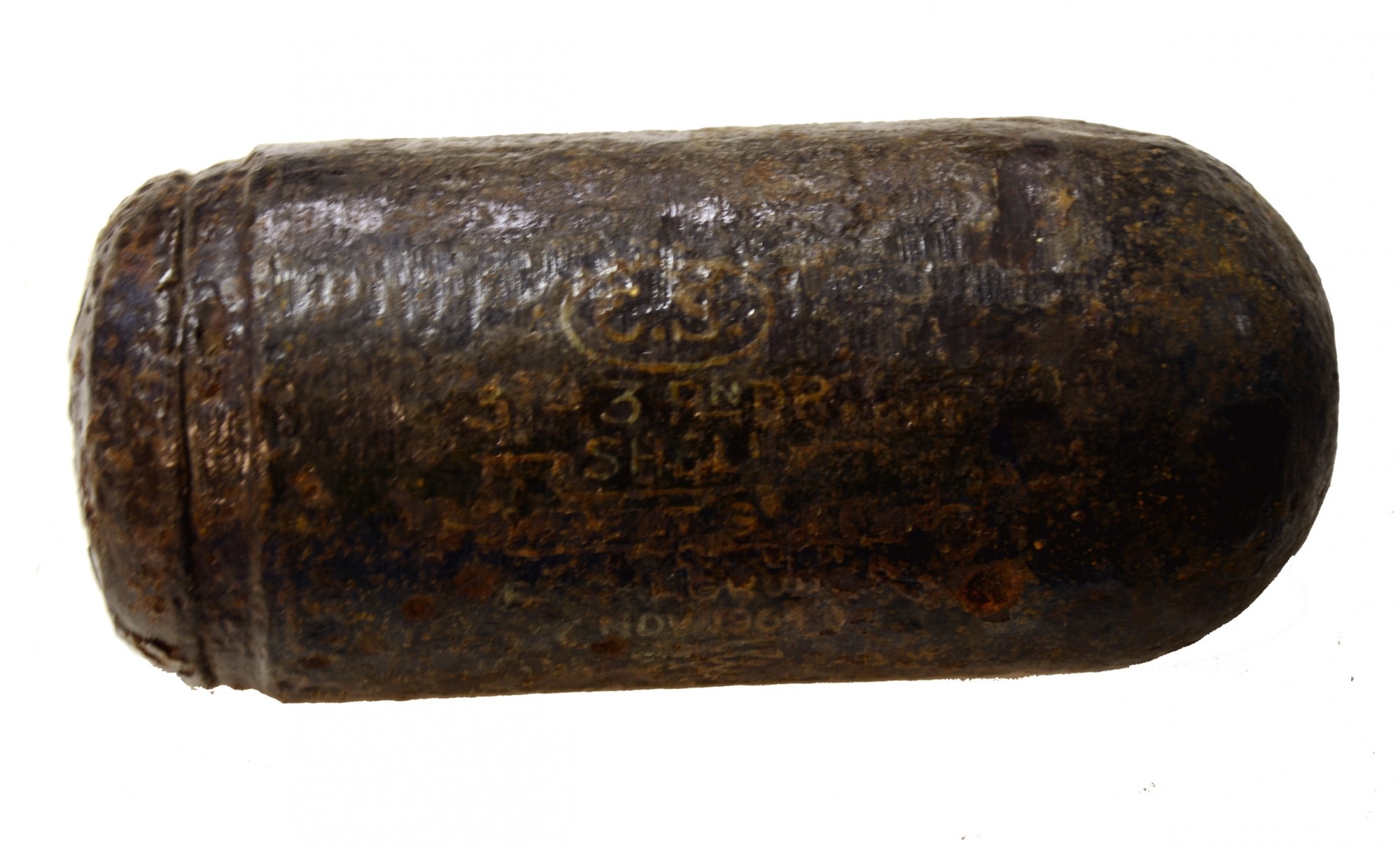 EXCAVATED US DYER 3” ARTILLERY SHELL