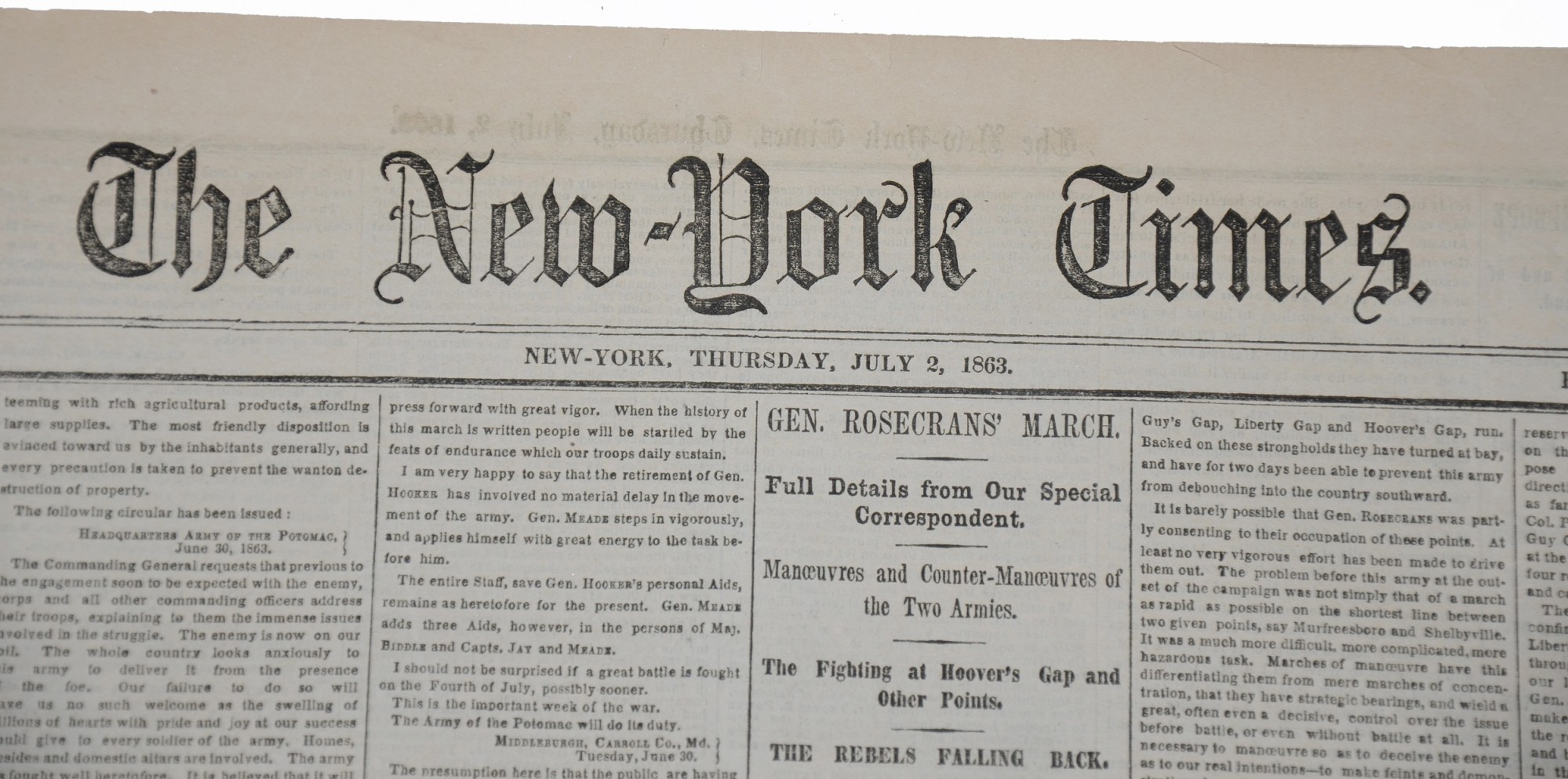 GETTYSBURG NEWSPAPER NEW YORK TIMES FOR JULY 2, 1863 — Horse Soldier