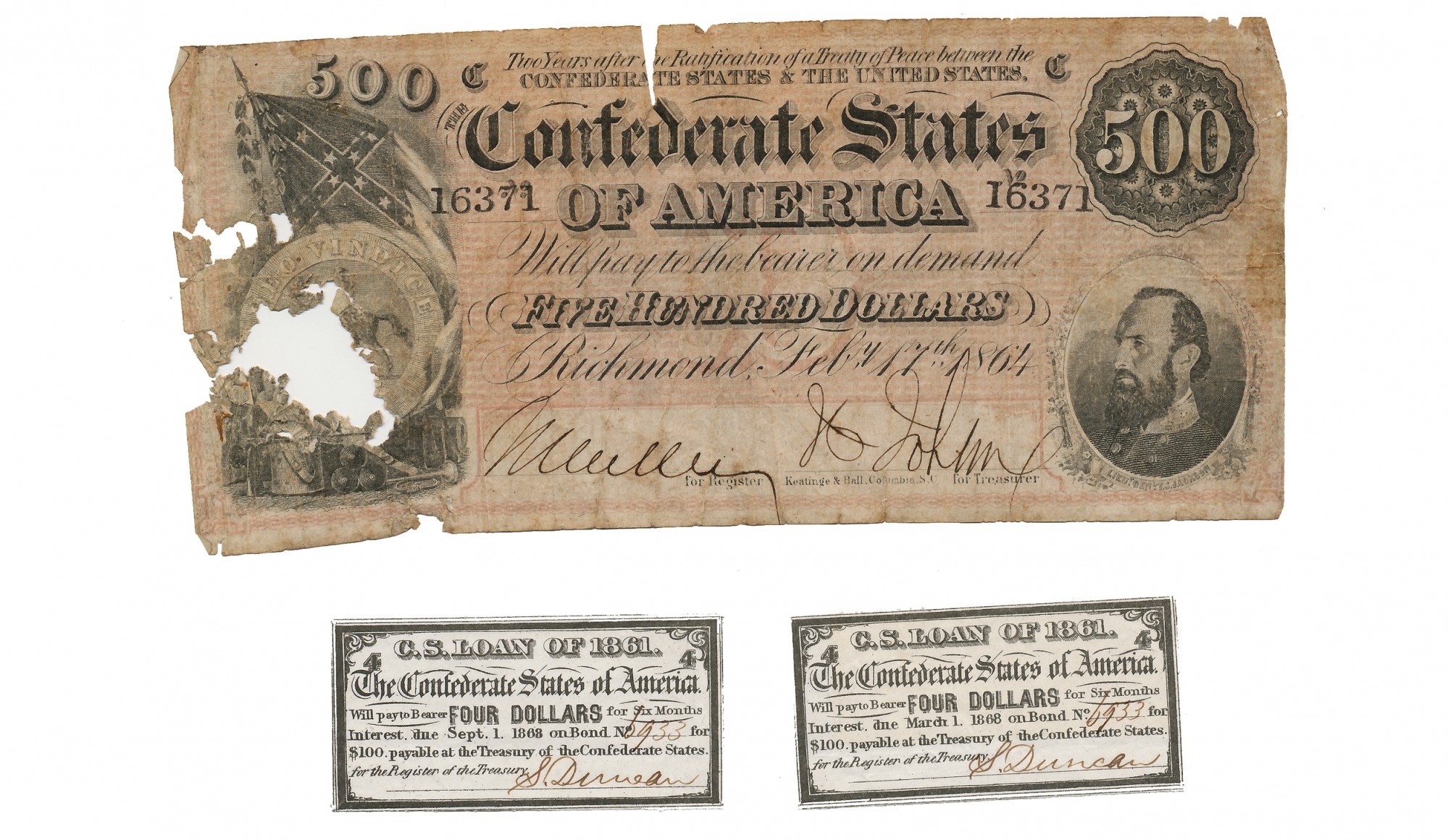 $500 STONEWALL JACKSON CONFEDERATE NOTE WITH TWO BOND COUPONS 