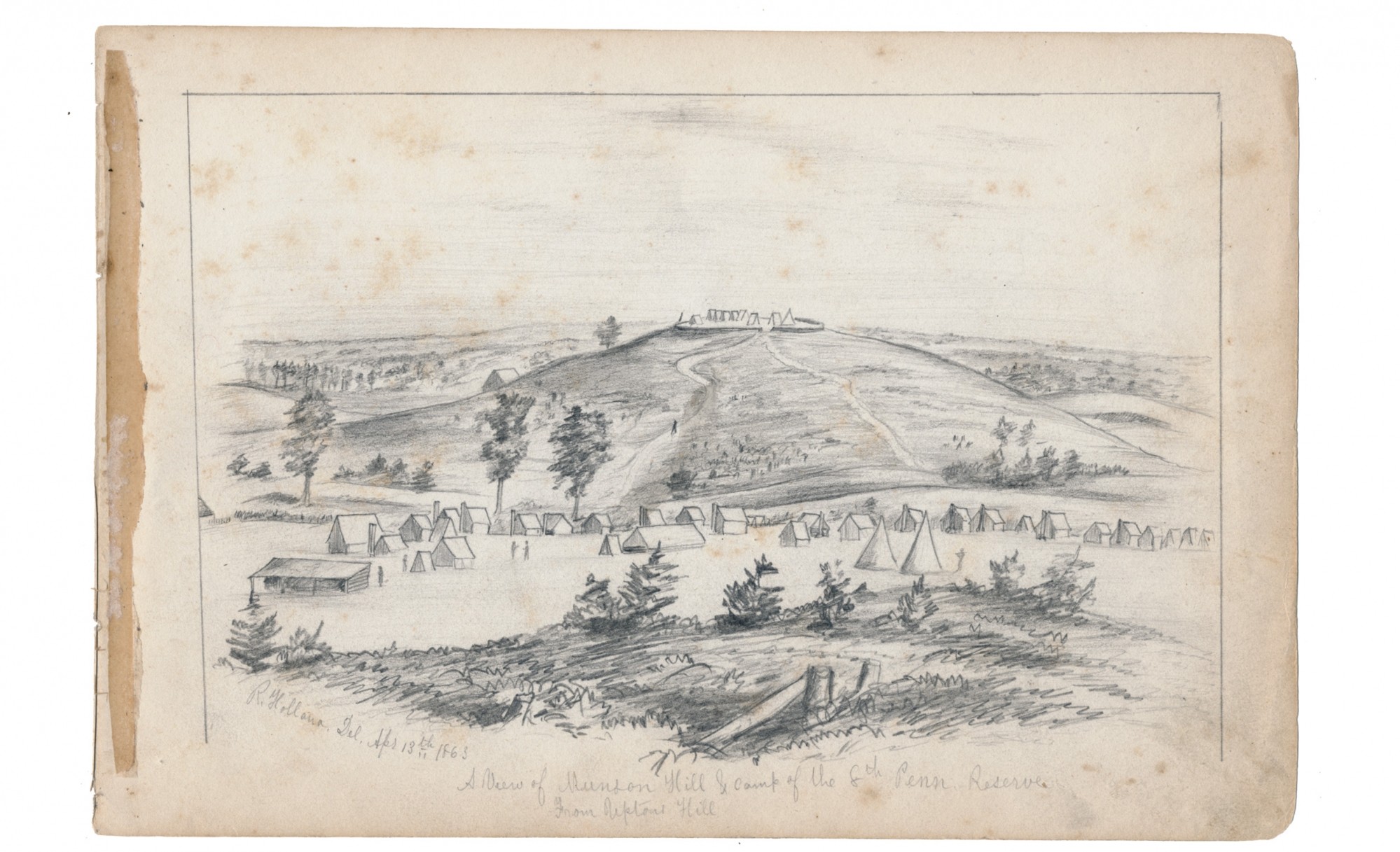 1863 DATED FULL PAGE SKETCH OF THE CAMP OF THE 8TH PENNSYLVANIA RESERVES AT MUNSON’S HILL, VA. BY 9TH MASSACHUSETTS BATTERY ARTIST RICHARD HOLLAND