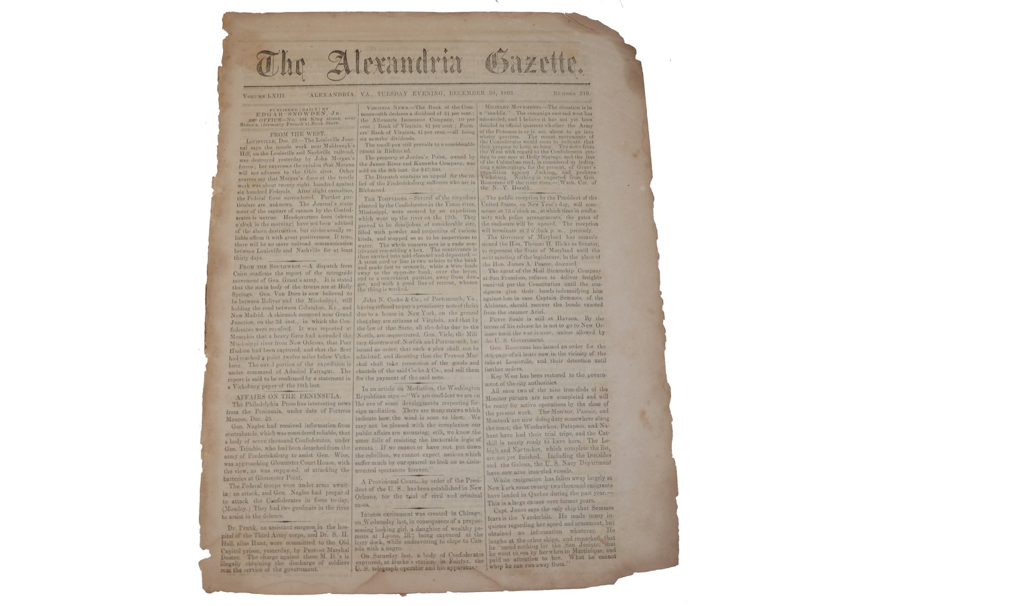 ALEXANDRIA GAZETTE, VA. - DECEMBER 30, 1862
