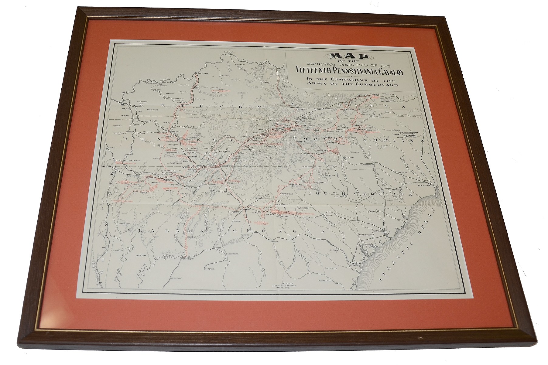 FRAMED CAMPAIGN MAP OF THE 15TH PENNSYLVANIA CAVALRY FROM REGIMENTAL HISTORY