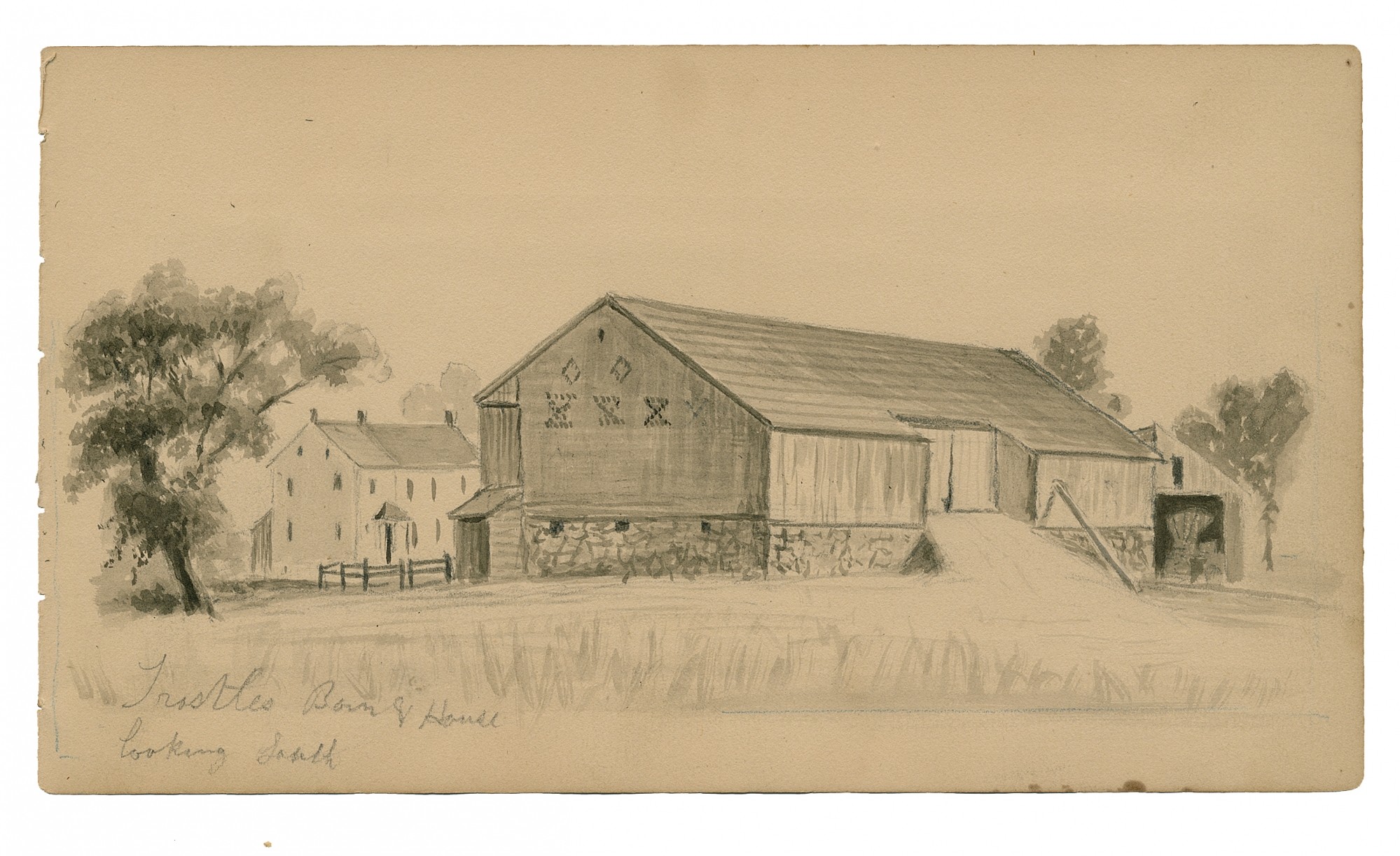 GETTYSBURG SKETCH OF THE TROSTLE FARM WHERE GENERAL SICKLES WAS WOUNDED BY 9TH MASS BATTERY VETERAN & ARTIST RICHARD HOLLAND