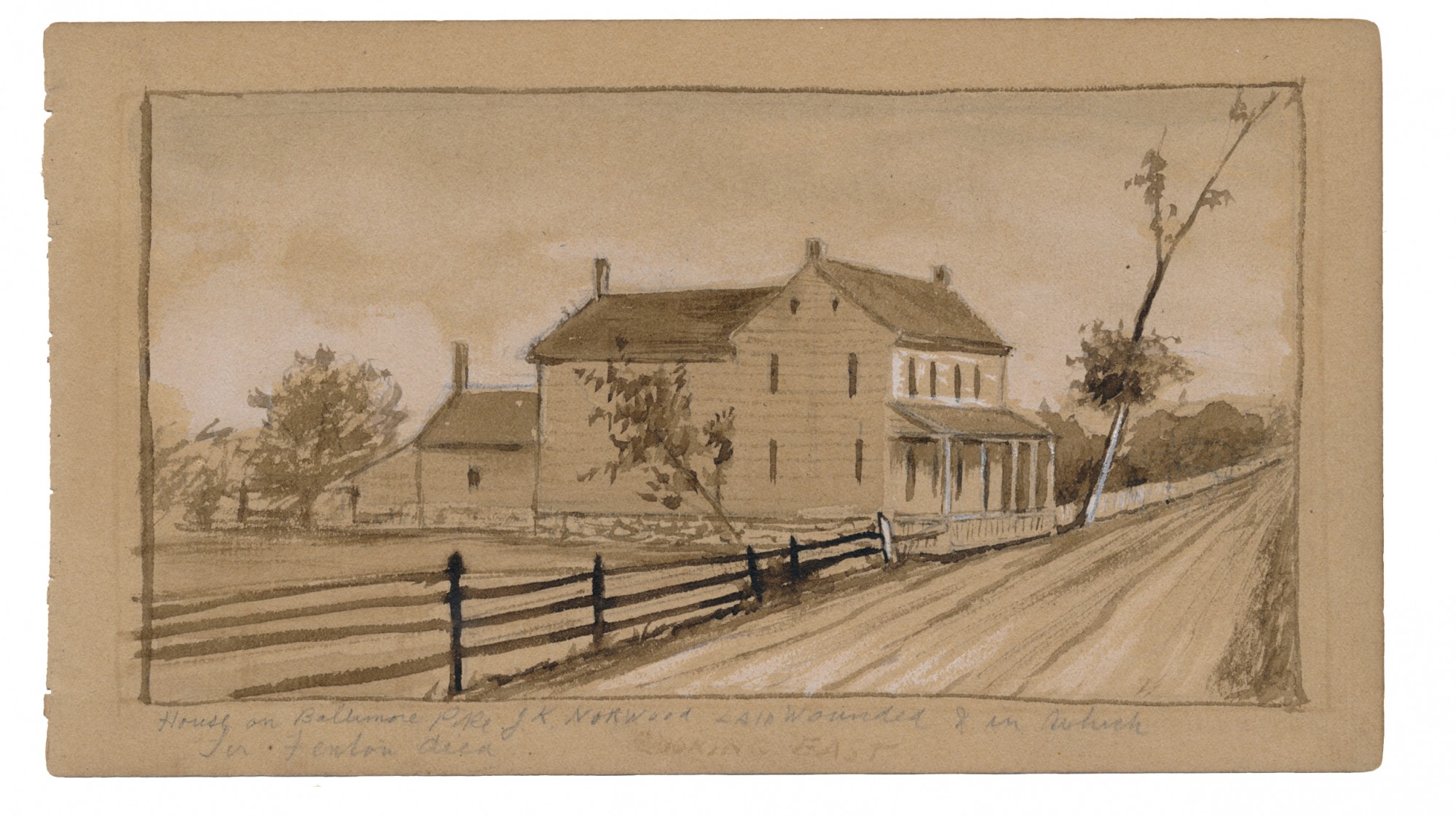 SKETCH OF UNKNOWN HOUSE ON BALTIMORE PIKE WHERE WOUNDED OF THE 9TH MASS BATTERY WERE CARRIED - BY ARTIST & VETERAN OF THE BATTERY, RICHARD HOLLAND