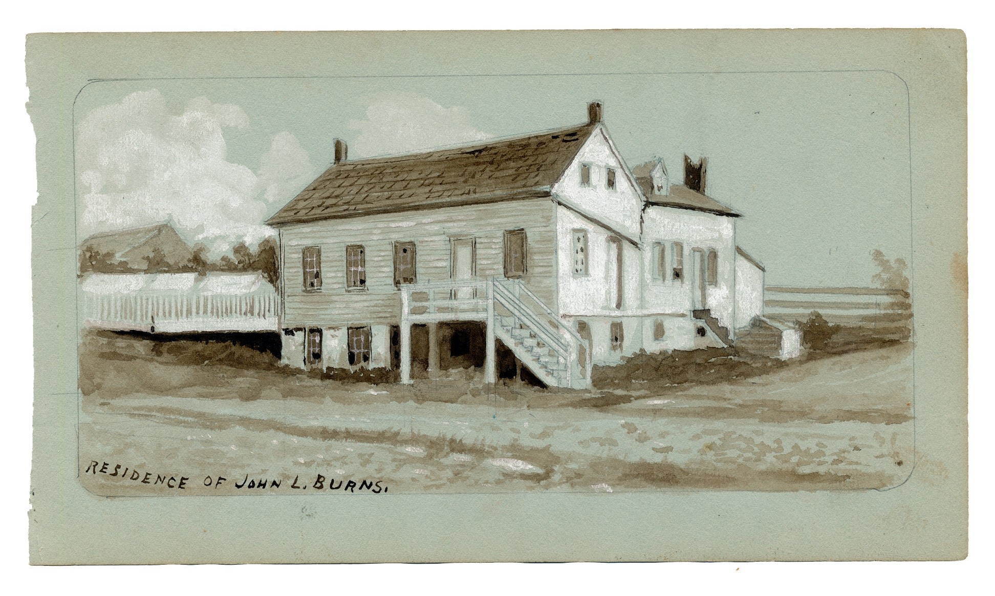 SKETCH OF THE HOME OF GETTYSBURG HERO JOHN BURNS BY 9TH MASS BATTERY VETERAN & ARTIST RICHARD HOLLAND