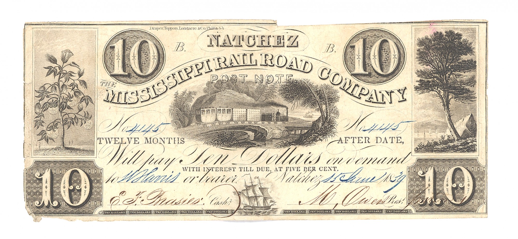 MISSISSIPPI RAILROAD COMPANY, NATCHEZ, MISSISSIPPI, $10 NOTE